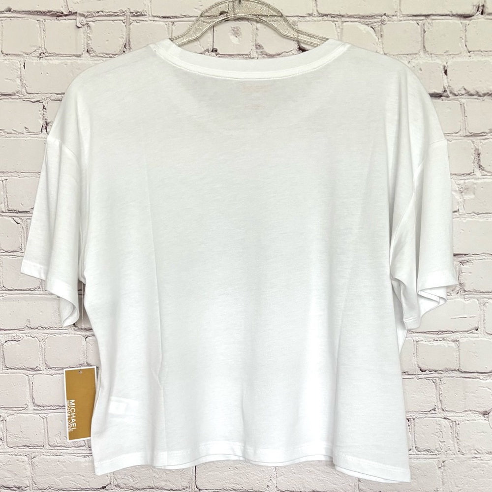 MICHAEL KORS White Gold Foil Cropped Short Sleeve Logo T-Shirt--NWT--S - Picture 12 of 15